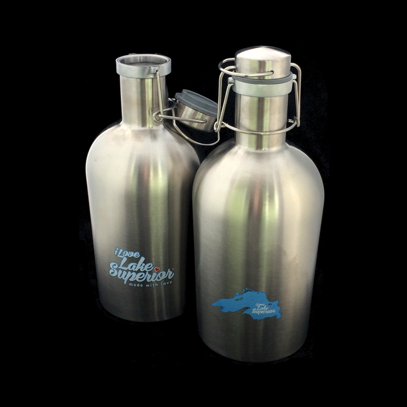 Stainless steel growlers with screen printing on sides.